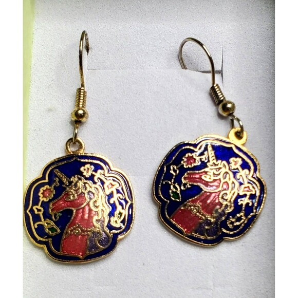 Vtg Cloisonne Enamel Unicorn Dangle Earrings Gold Tone Red Blue Boho Fantasy - Picture 3 of 10